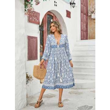 R.Vivimos Women's Long Sleeve Floral Print Retro V Neck Tassel Bohemian Midi Dresses (2XL, Light Blue)