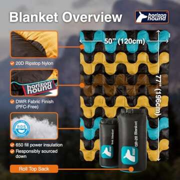 Horizon Hound Trek Down Camping Blanket - Outdoor Travel Quilt, Black Printed | Insulated, Lightweight & Warm Gear for Sleep, Camping, Stadium, Hiking & Festivals | Water Resistant, Packable & Compact