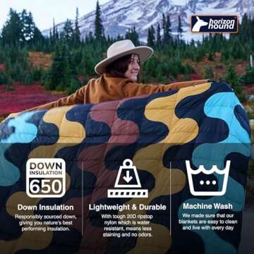 Horizon Hound Trek Down Camping Blanket - Outdoor Travel Quilt, Black Printed | Insulated, Lightweight & Warm Gear for Sleep, Camping, Stadium, Hiking & Festivals | Water Resistant, Packable & Compact