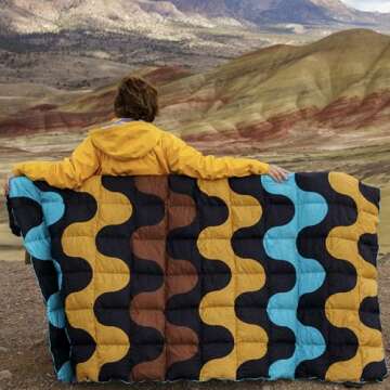 Horizon Hound Trek Down Camping Blanket - Outdoor Travel Quilt, Black Printed | Insulated, Lightweight & Warm Gear for Sleep, Camping, Stadium, Hiking & Festivals | Water Resistant, Packable & Compact