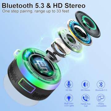 Bluetooth Shower Speaker, Portable Shower Speakers IP7 Waterproof with Suction Cup and Time Display, Dynamic LED Lights and Dual Stereo Pairing, Handsfree Wireless Speaker with Mic for Bathroom, Beach