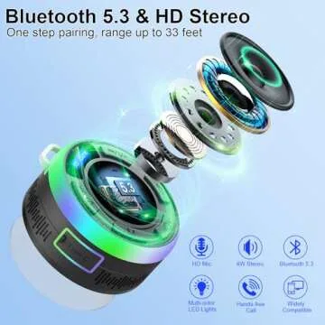 Bluetooth Shower Speaker, Portable Shower Speakers IP7 Waterproof with Suction Cup and Time Display, Dynamic LED Lights and Dual Stereo Pairing, Handsfree Wireless Speaker with Mic for Bathroom, Beach
