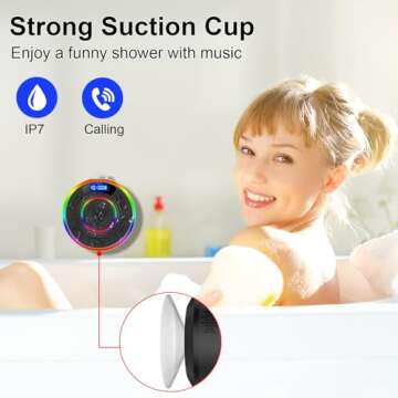 Bluetooth Shower Speaker, Portable Shower Speakers IP7 Waterproof with Suction Cup and Time Display, Dynamic LED Lights and Dual Stereo Pairing, Handsfree Wireless Speaker with Mic for Bathroom, Beach
