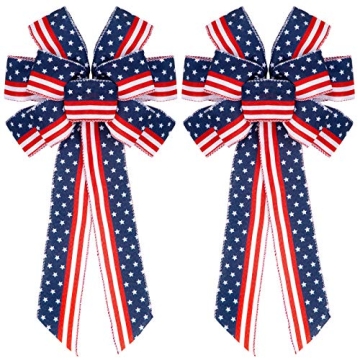 Whaline 2Pcs Large Patriotic Wreath Bow Red Blue Stars and Stripes Bow 4th of July American Flag Wre...
