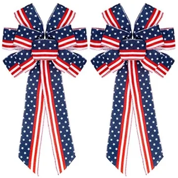 Whaline 2Pcs Large Patriotic Wreath Bow Red Blue Stars and Stripes Bow 4th of July American Flag Wre...