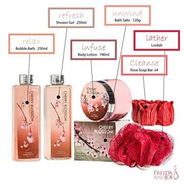 Deluxe Cherry Blossom Spa Basket - Home Spa Set with Bubble Bath, Bath Salts, Body Lotion, Bath Puff, and Rose Soaps in Wooden Curio Valentines Gift for Women