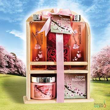 Deluxe Cherry Blossom Spa Basket - Home Spa Set with Bubble Bath, Bath Salts, Body Lotion, Bath Puff, and Rose Soaps in Wooden Curio Valentines Gift for Women