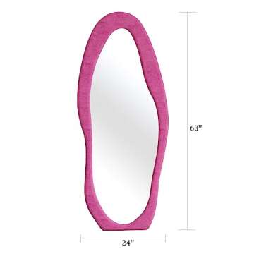 TinyTimes 63" x 24" Full Length Mirror Irregular Wavy Floor Mirror, Standing Wall Mirror Large Hanging Mirror for Bedroom, Living Room, Flannel Wooden Frame, Pink