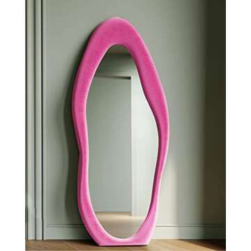 TinyTimes 63" x 24" Full Length Mirror Irregular Wavy Floor Mirror, Standing Wall Mirror Large Hanging Mirror for Bedroom, Living Room, Flannel Wooden Frame, Pink