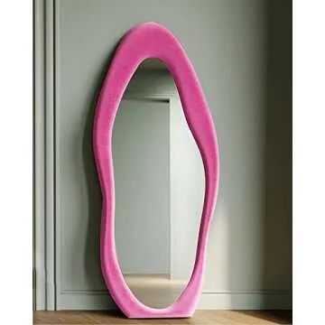 TinyTimes 63" x 24" Full Length Mirror Irregular Wavy Floor Mirror, Standing Wall Mirror Large Hanging Mirror for Bedroom, Living Room, Flannel Wooden Frame, Pink