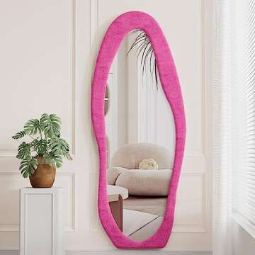 TinyTimes 63" x 24" Full Length Mirror Irregular Wavy Floor Mirror, Standing Wall Mirror Large Hanging Mirror for Bedroom, Living Room, Flannel Wooden Frame, Pink