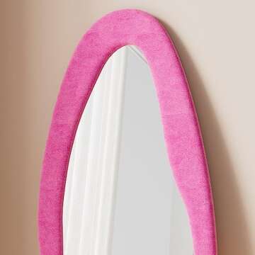 TinyTimes 63" x 24" Full Length Mirror Irregular Wavy Floor Mirror, Standing Wall Mirror Large Hanging Mirror for Bedroom, Living Room, Flannel Wooden Frame, Pink