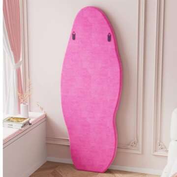 TinyTimes 63" x 24" Full Length Mirror Irregular Wavy Floor Mirror, Standing Wall Mirror Large Hanging Mirror for Bedroom, Living Room, Flannel Wooden Frame, Pink