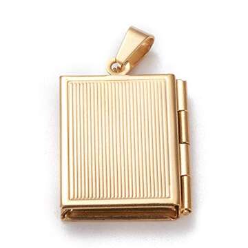 LiQunSweet 10 Pcs Vintage Golden Plated Stainless Steel Locket Pendants Photo Frame Book Charms for ...