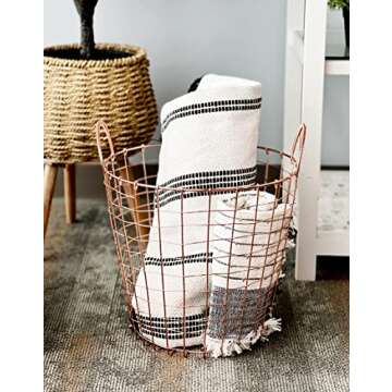 Wire Storage Basket and Waste Bin – Copper Plated Metal Bin with Two Handles for Office, Bedroom, Living Room, Closet and More - by Designstyles