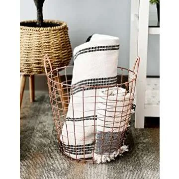 Wire Storage Basket and Waste Bin – Copper Plated Metal Bin with Two Handles for Office, Bedroom, Living Room, Closet and More - by Designstyles