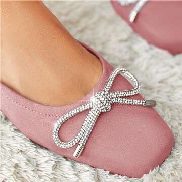 Coutgo Mules for Women, Flat Backless Comfort Loafer with Square Toe, Casual Slip on with Rhinestone Bow (7,Pink)