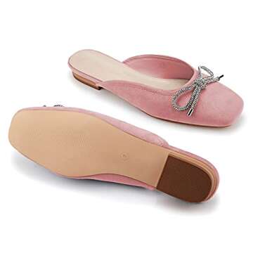 Coutgo Mules for Women, Flat Backless Comfort Loafer with Square Toe, Casual Slip on with Rhinestone Bow (7,Pink)