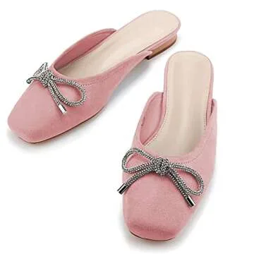 Coutgo Mules for Women, Flat Backless Comfort Loafer with Square Toe, Casual Slip on with Rhinestone Bow (7,Pink)