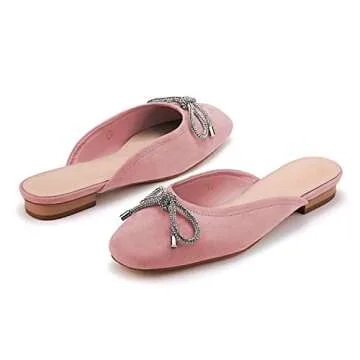 Coutgo Mules for Women, Flat Backless Comfort Loafer with Square Toe, Casual Slip on with Rhinestone Bow (7,Pink)