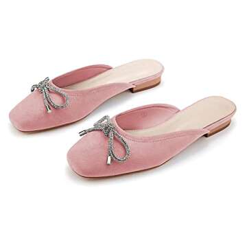 Coutgo Mules for Women, Flat Backless Comfort Loafer with Square Toe, Casual Slip on with Rhinestone Bow (7,Pink)