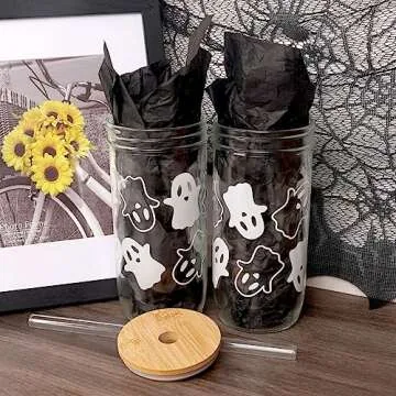 ANOTION Halloween Cups, Ghost Decor 24oz Mug Mason Jar Glass Cups with Lids and Straws Ghost Tumblers Coffee Cups Cookie Jar Glasses Halloween Glassware Drinking Glasses Halloween Decorations Indoor