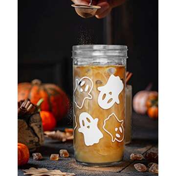 ANOTION Halloween Cups, Ghost Decor 24oz Mug Mason Jar Glass Cups with Lids and Straws Ghost Tumblers Coffee Cups Cookie Jar Glasses Halloween Glassware Drinking Glasses Halloween Decorations Indoor