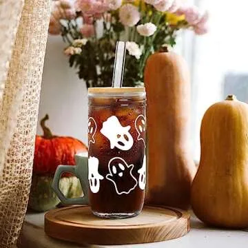 ANOTION Halloween Cups, Ghost Decor 24oz Mug Mason Jar Glass Cups with Lids and Straws Ghost Tumblers Coffee Cups Cookie Jar Glasses Halloween Glassware Drinking Glasses Halloween Decorations Indoor