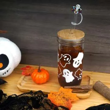 ANOTION Halloween Cups, Ghost Decor 24oz Mug Mason Jar Glass Cups with Lids and Straws Ghost Tumblers Coffee Cups Cookie Jar Glasses Halloween Glassware Drinking Glasses Halloween Decorations Indoor