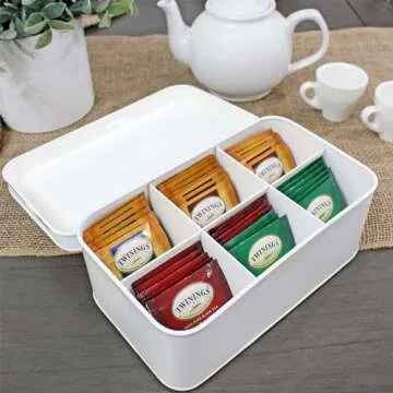 AuldHome Design Farmhouse Tea Bag Box (White) - Vintage Retro Style Enamelware Tea Storage Tin