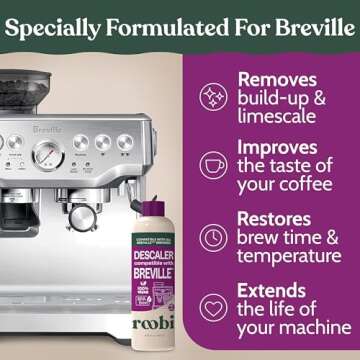 Breville Compatible Descaling Solution. Specially Formulated to Clean & Descale your Breville Espresso Machine. 2 Uses per Bottle, 2 Pack. Eco-Friendly Carbon Neutral Descaler Kit.