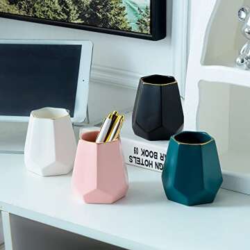 YOSCO Cute Ceramic Pen Holder Geometric Desk Organizer