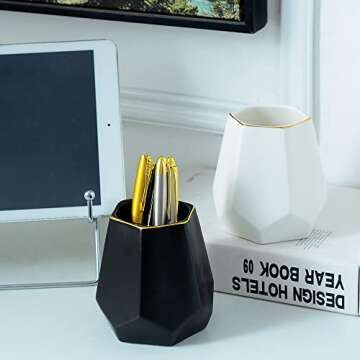 YOSCO Cute Ceramic Pen Holder Geometric Desk Organizer