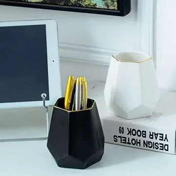 YOSCO Cute Ceramic Pen Holder Geometric Desk Organizer