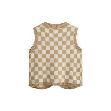 Verdusa Women's Button Front V Neck Sleeveless Checkered Knit Sweater Vest Apricot Medium