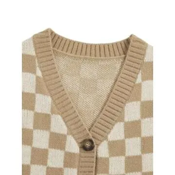Verdusa Women's Button Front V Neck Sleeveless Checkered Knit Sweater Vest Apricot Medium