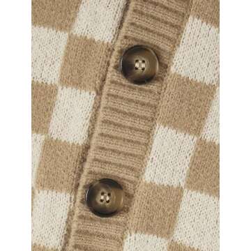 Verdusa Women's Button Front V Neck Sleeveless Checkered Knit Sweater Vest Apricot Medium