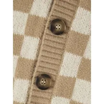 Verdusa Women's Button Front V Neck Sleeveless Checkered Knit Sweater Vest Apricot Medium