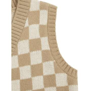 Verdusa Women's Button Front V Neck Sleeveless Checkered Knit Sweater Vest Apricot Medium