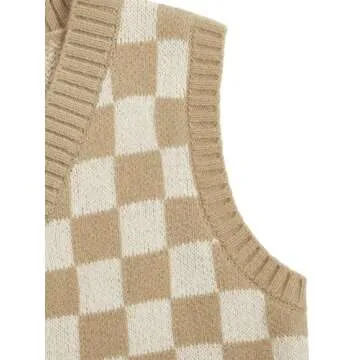 Verdusa Women's Button Front V Neck Sleeveless Checkered Knit Sweater Vest Apricot Medium