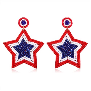 Patriotic Earrings 4 th of July Beaded Earrings Handmade Red White Blue American Flag USA Star Dangl...