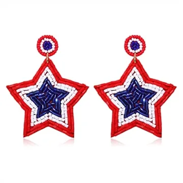 Patriotic Earrings 4 th of July Beaded Earrings Handmade Red White Blue American Flag USA Star Dangl...