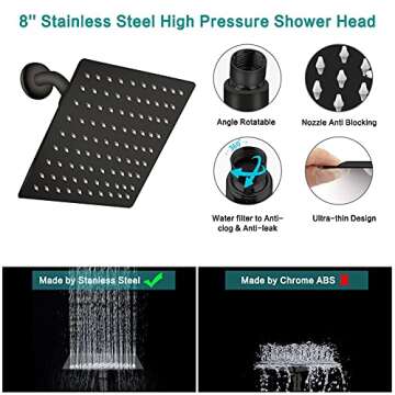 Shower Head 10‘’ High Pressure Rainfall Shower Head/Handheld Shower Combo with 11'' Extension Arm, 9 Settings Anti-leak Head with Holder, Height/Angle Adjustable, Chrome, Matte Black