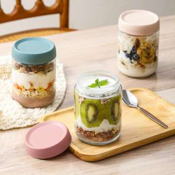 NETANY 3-pack 16oz Glass jars with Airtight Lids, Overnight Oats Containers with Lids, Wide mouth Mason Salad jars, Glass Food Storage Containers for Snacks Yogurt Spice Sugar