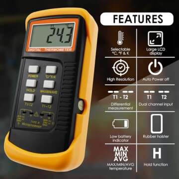 Thermocouple Thermometer Digital K Type Thermometer HVAC Thermometer Dual Temperature Meter with 4 T...