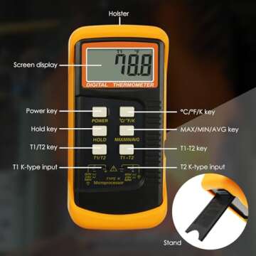 Thermocouple Thermometer Digital K Type Thermometer HVAC Thermometer Dual Temperature Meter with 4 Thermocouples, MAX/MIN/AVG Temperature Measurement, -50~1300°C (-58~2372°F)
