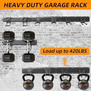 Garden Tool organizer, Garage Tool Organizer Wall Mount, Heavy Duty Garage Storage Tool Rack, Wall Hooks and Hangers, Adjustable Metal Hooks (Height Adjustable), Hold Up to 440lbs (48Inch Black)