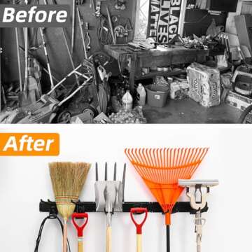 Garden Tool organizer, Garage Tool Organizer Wall Mount, Heavy Duty Garage Storage Tool Rack, Wall Hooks and Hangers, Adjustable Metal Hooks (Height Adjustable), Hold Up to 440lbs (48Inch Black)