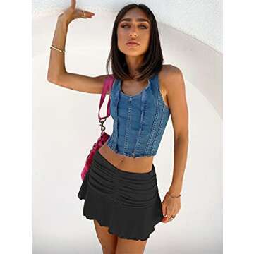 YMDUCH Women's A-Line Ruched Ruffle Beachwear Athletic Skorts Mini Skirts Black