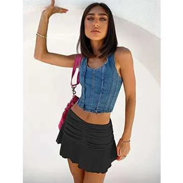 YMDUCH Women's A-Line Ruched Ruffle Beachwear Athletic Skorts Mini Skirts Black